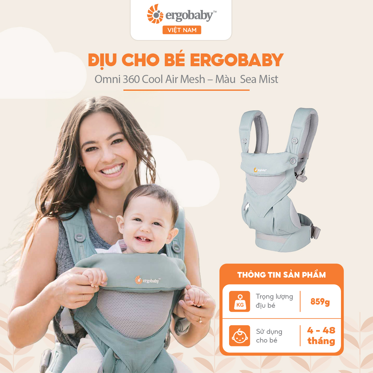 Địu cho bé Ergobaby 360 Cool Air Mesh - Sea Mist