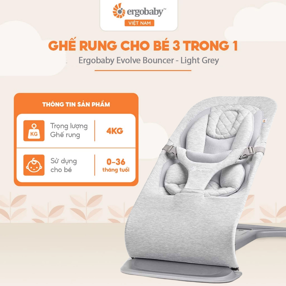 Ghế rung cho bé 3 trong 1 Ergobaby Evolve Bouncer - Light Grey