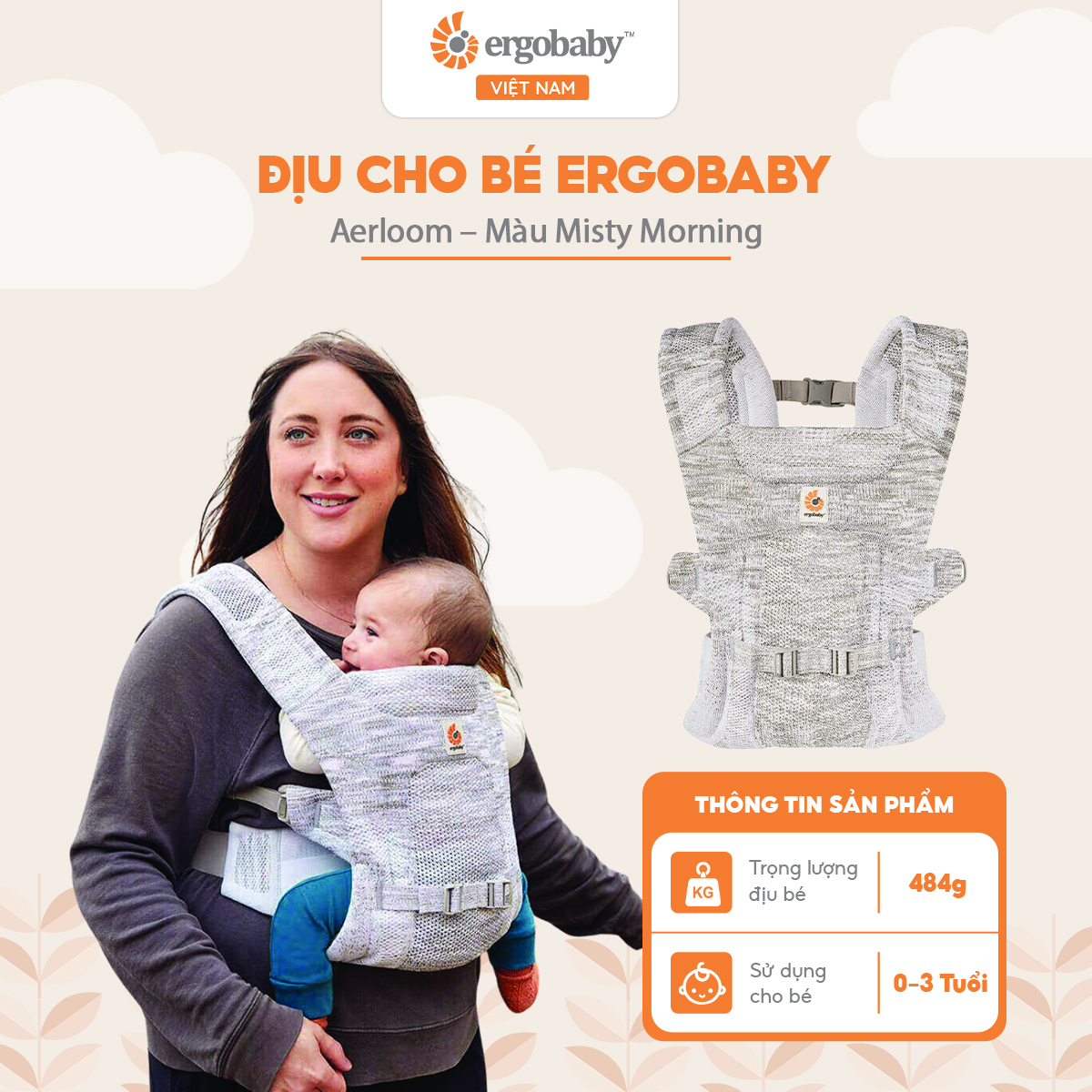 Địu cho bé Ergobaby Aerloom - Misty Morning