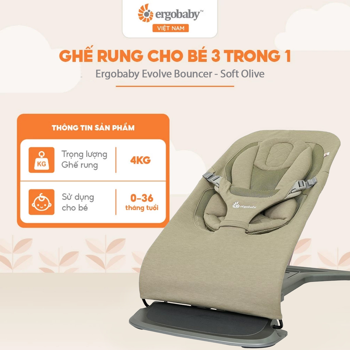 Ghế rung cho bé 3 trong 1 Ergobaby Evolve Bouncer - Soft Olive