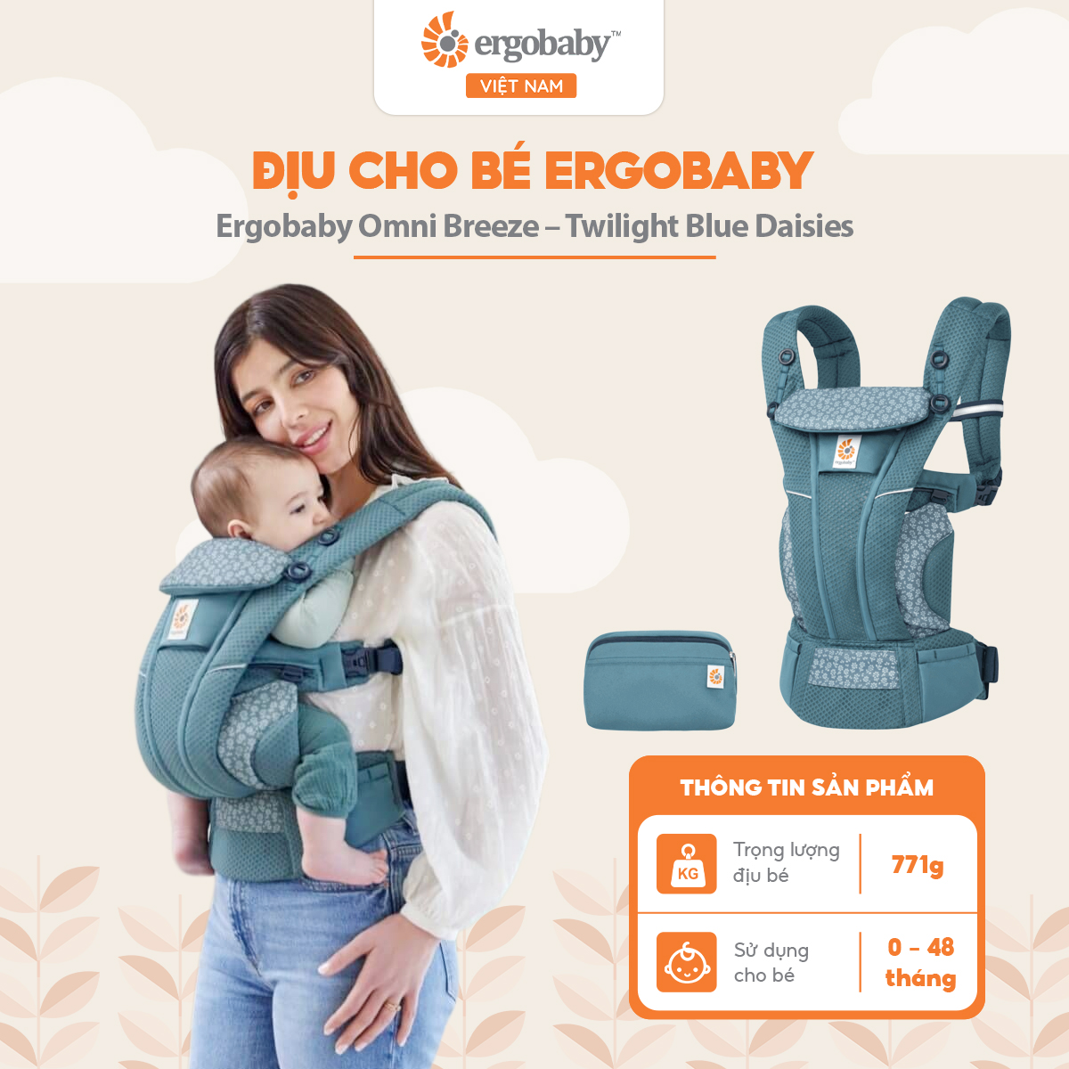 Địu cho bé Ergobaby Omni Breeze, Twilight Blue Daisies
