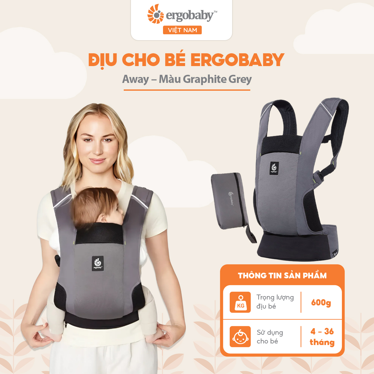 Địu cho bé Ergobaby Away - Graphite Grey