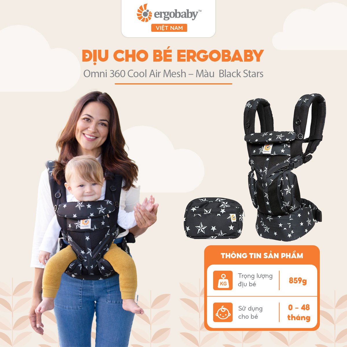 Địu cho bé Ergobaby Omni 360 Cool Air Mesh, Black Stars