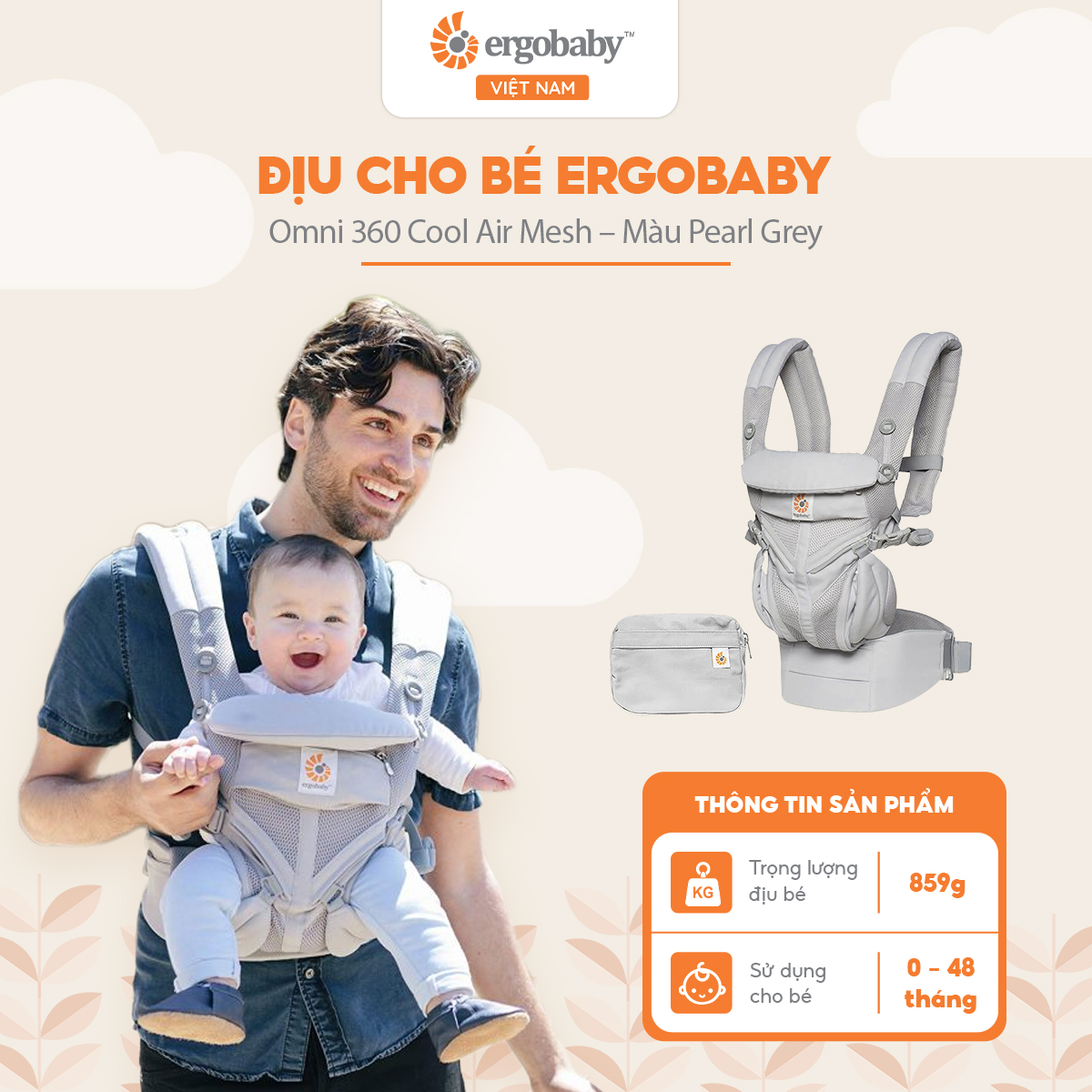 Địu cho bé Ergobaby Omni 360 Cool Air Mesh, Pearl Grey