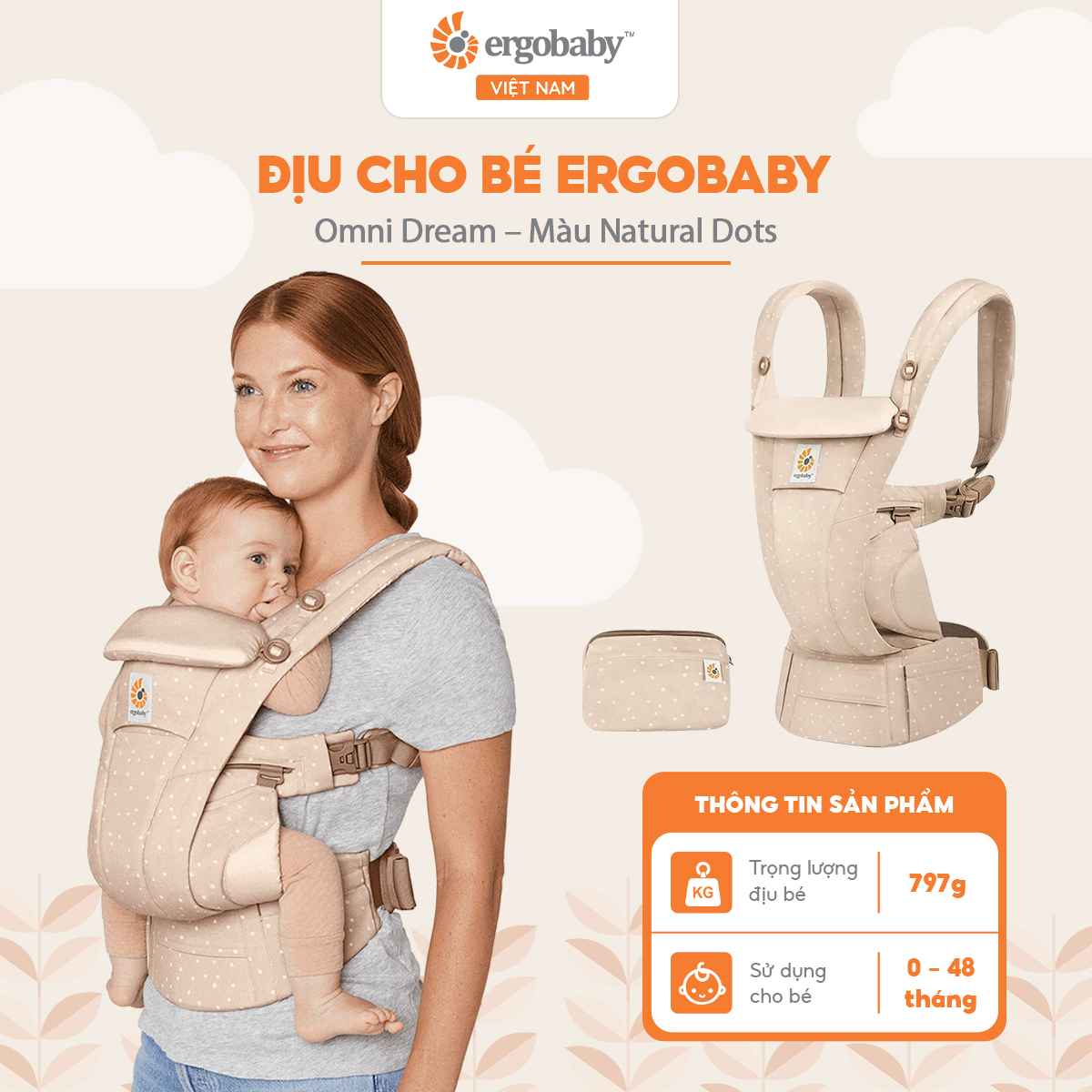 Địu cho bé Ergobaby Omni Dream - Natural Dots
